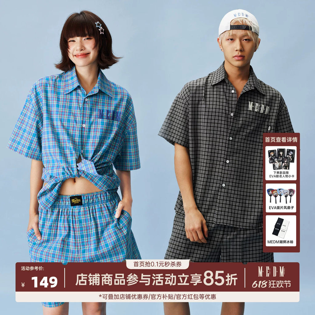 MEDM retro college style embroidered casual plaid shirt American men's and women's loose collared short sleeved plaid top