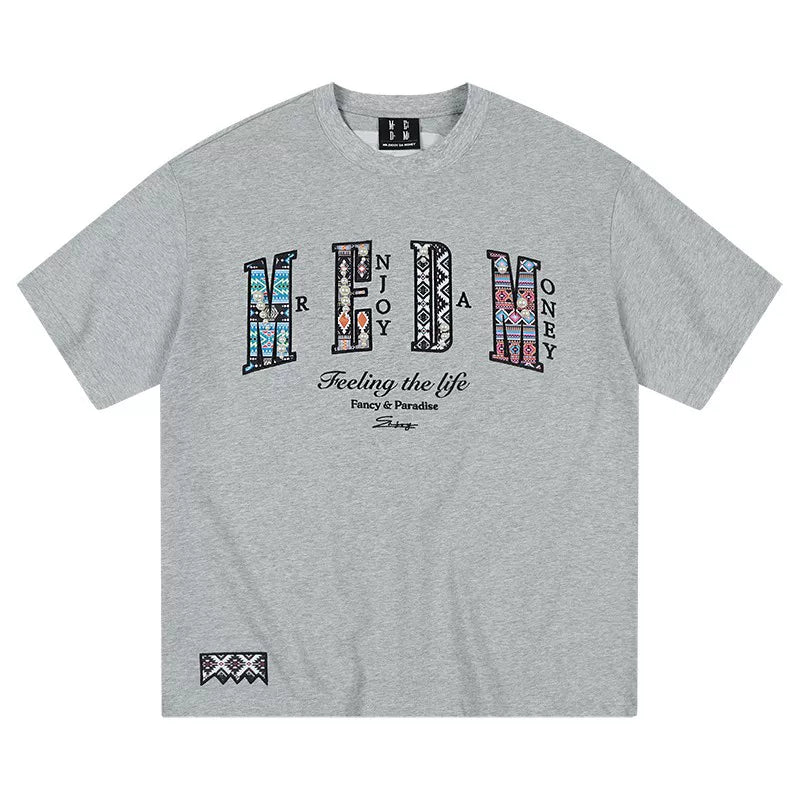 MEDM26SS pearl ethnic style design short sleeved unisex half sleeved tee round neck summer trendy T-shirt top