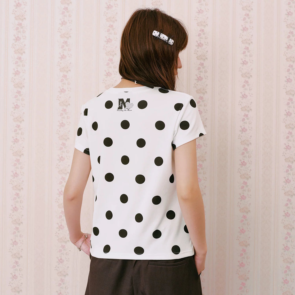 MEDM full print retro polka dot casual round neck short sleeved trendy love toothbrush embroidered logo loose T-shirt for women