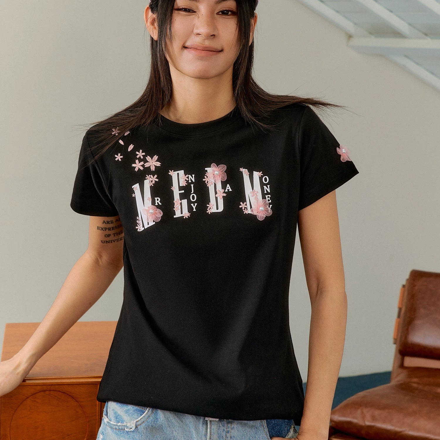MEDM26SS cherry blossom shoulder over short sleeved men's loose five quarter sleeve summer casual T-shirt couple pullover top women