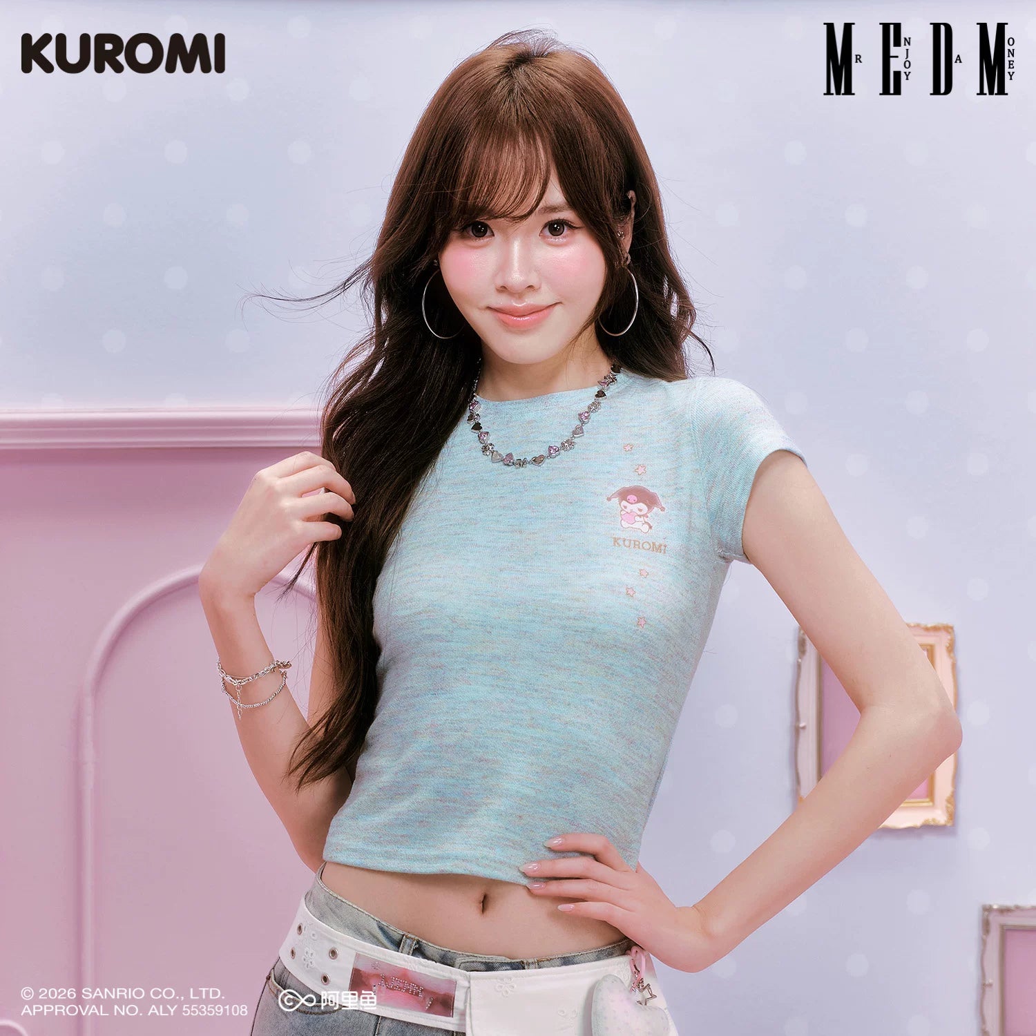 MEDM × Sanrio Family Series Color Yarn Cool Lomi Pattern Embroidery Casual Short Sleeve Cute Sweet Girl T-shirt Female