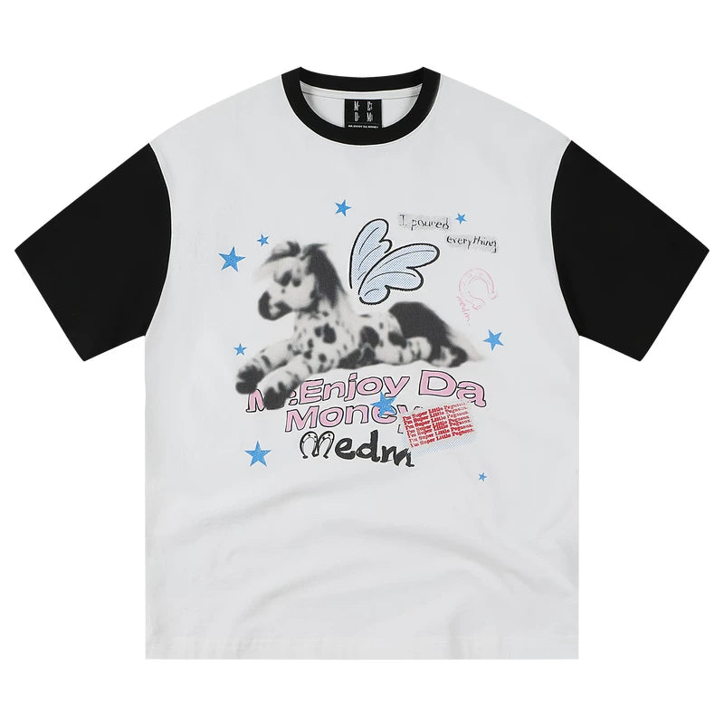 MEDM Fuzzy Pony Printed Sparkling Pink Star Personalized Color blocked Sleeve Casual Short Sleeve Trendy Loose Round Neck T-shirt