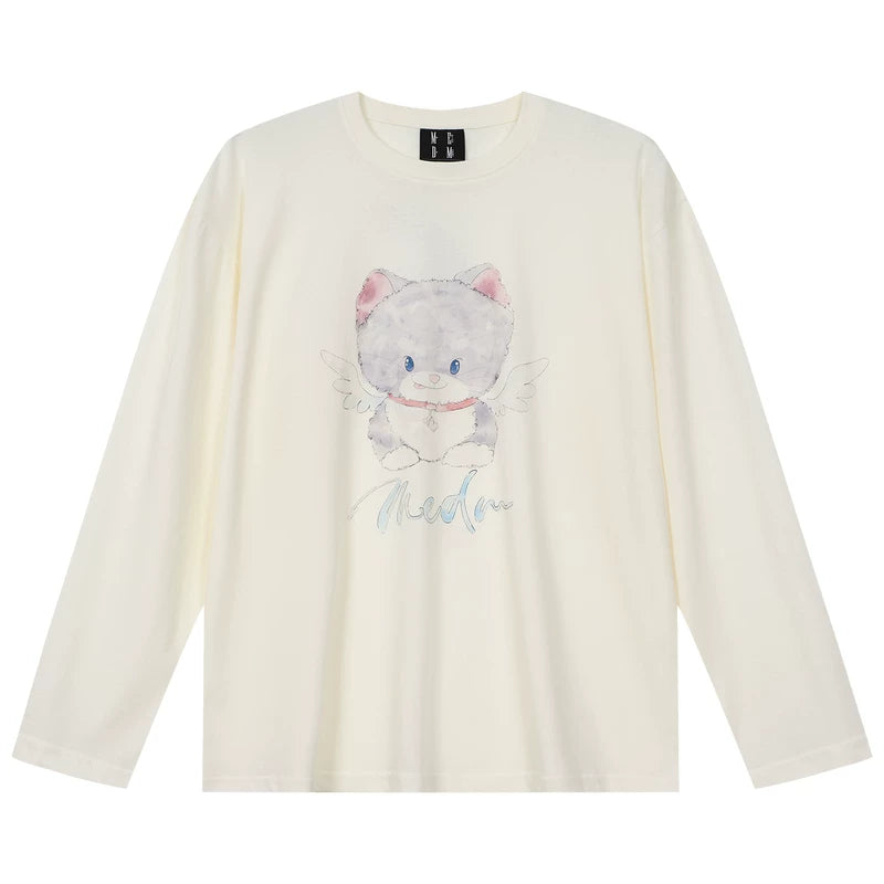 MEDM Angel Cat Pattern Printed Casual Round Neck Long Sleeve T-shirt Women's Versatile Cute Style Loose Top Summer