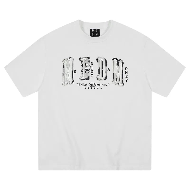 MEDM letter leather short sleeved T-shirt for men 2026 new style American retro casual five and a half sleeved shirt tee