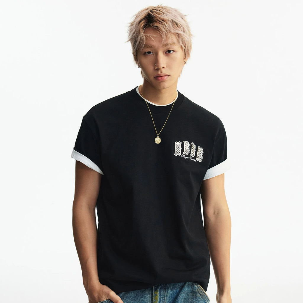 MEDM Basic Micro Wide Double Layer Leather Casual Round Neck Short Sleeve American Retro Street Versatile Loose T-shirt for Men and Women