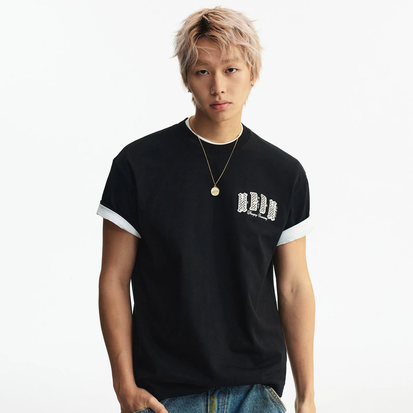 MEDM Basic Micro Wide Double Layer Leather Casual Round Neck Short Sleeve American Retro Street Versatile Loose T-shirt for Men and Women