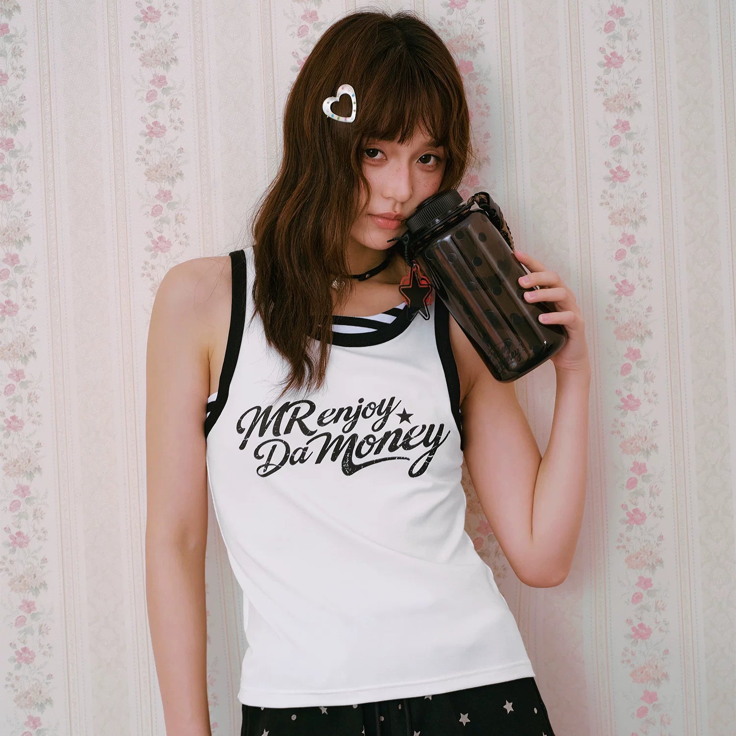 MEDM fake two-piece striped patchwork contrasting casual cross shaped vest with American retro print sleeveless suspender for women