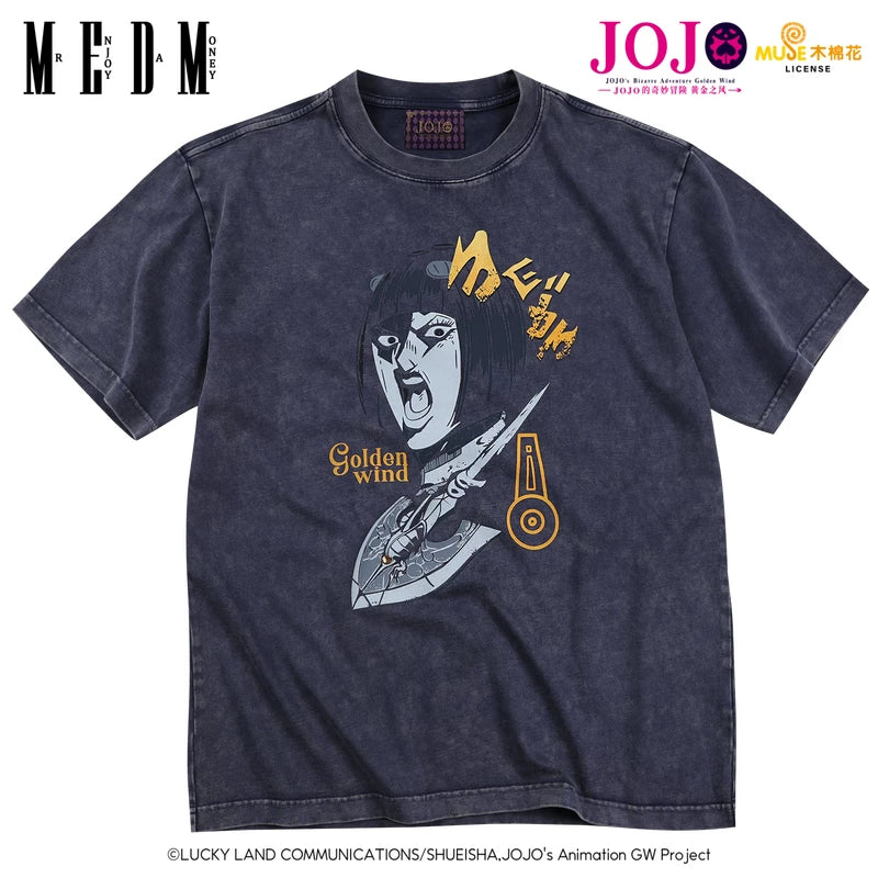 MEDMxJOJO's Bizarre Adventure Collaboration - Making Old Bug Arrow Casual Short Sleeve Washed Retro Round Neck T-shirt for Men