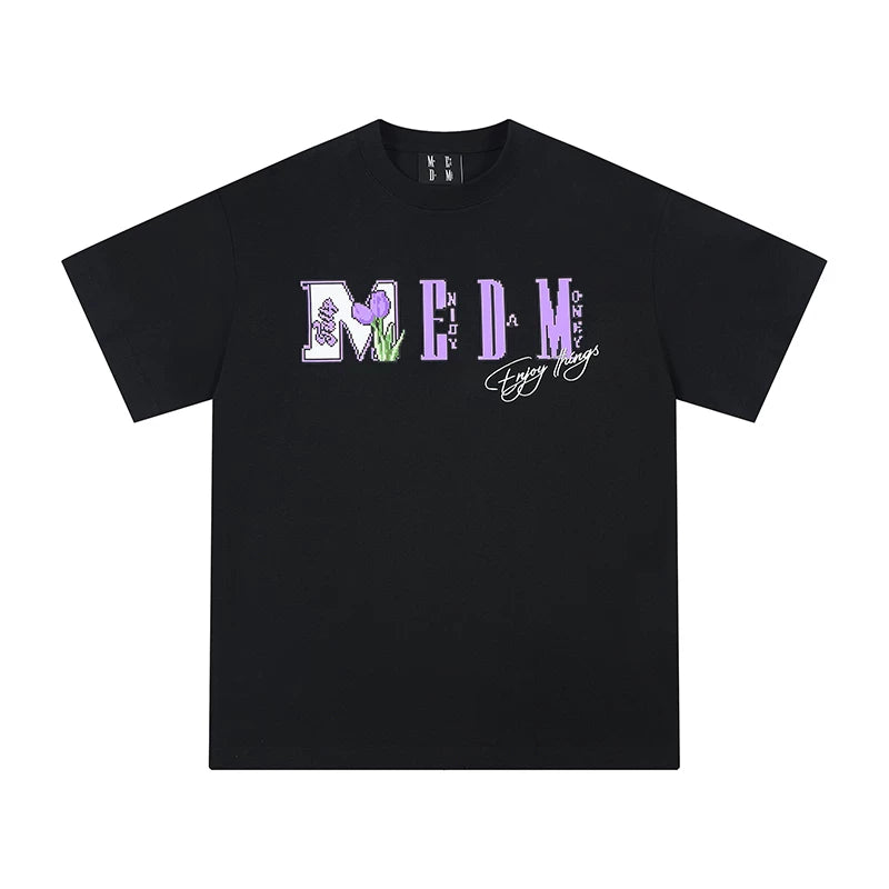 MEDM Mosaic Flower Series Short Sleeve T-shirt for Men and Women, Summer American Loose Round Neck Half Sleeve T-shirt