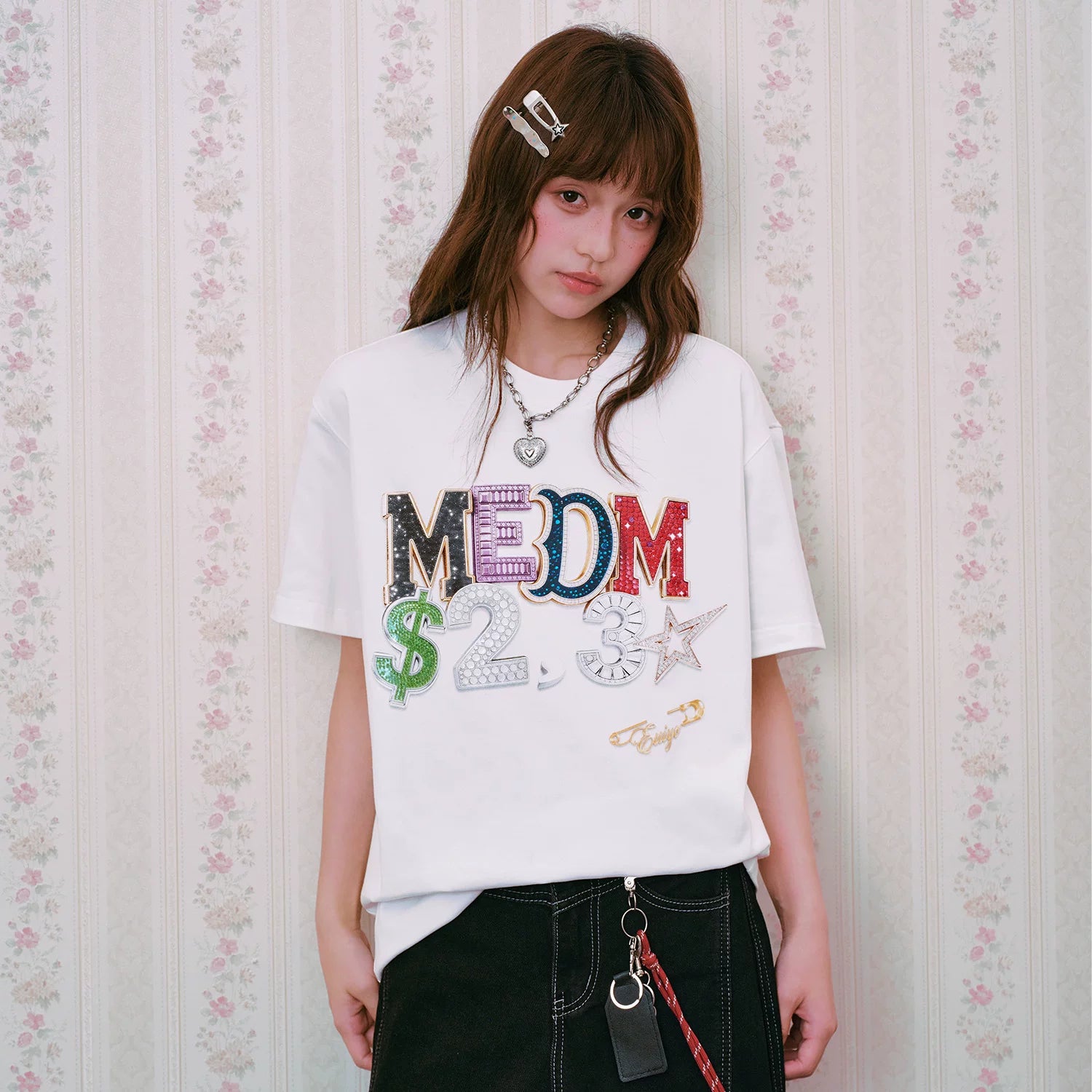 MEDM 珠宝字母热固油印花休闲短袖美式街头索罗娜凉感防晒情侣T恤
