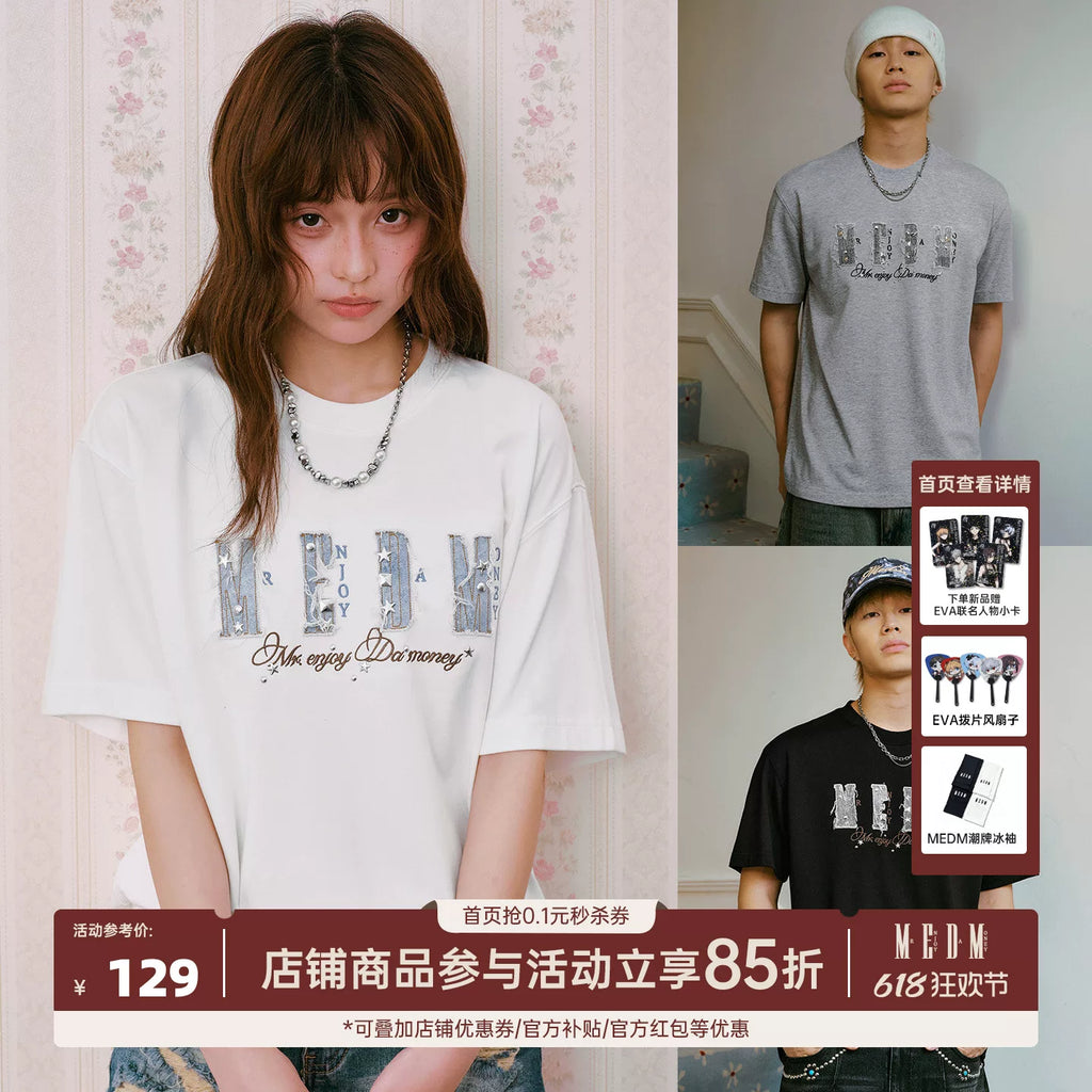 MEDM Retro Cowboy Patchwork Embroidered and Blanched Alien Diamond Casual Round Neck T-shirt Trendy Versatile Loose Couple Short Sleeve Summer