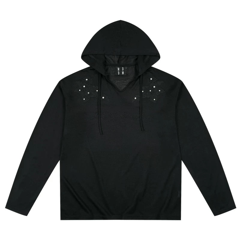 MEDM Hoodie Shoulders Dark Flower Nail Bead Long Sleeve T-shirt Commuter Thin Solid Color Simple Casual Top Autumn