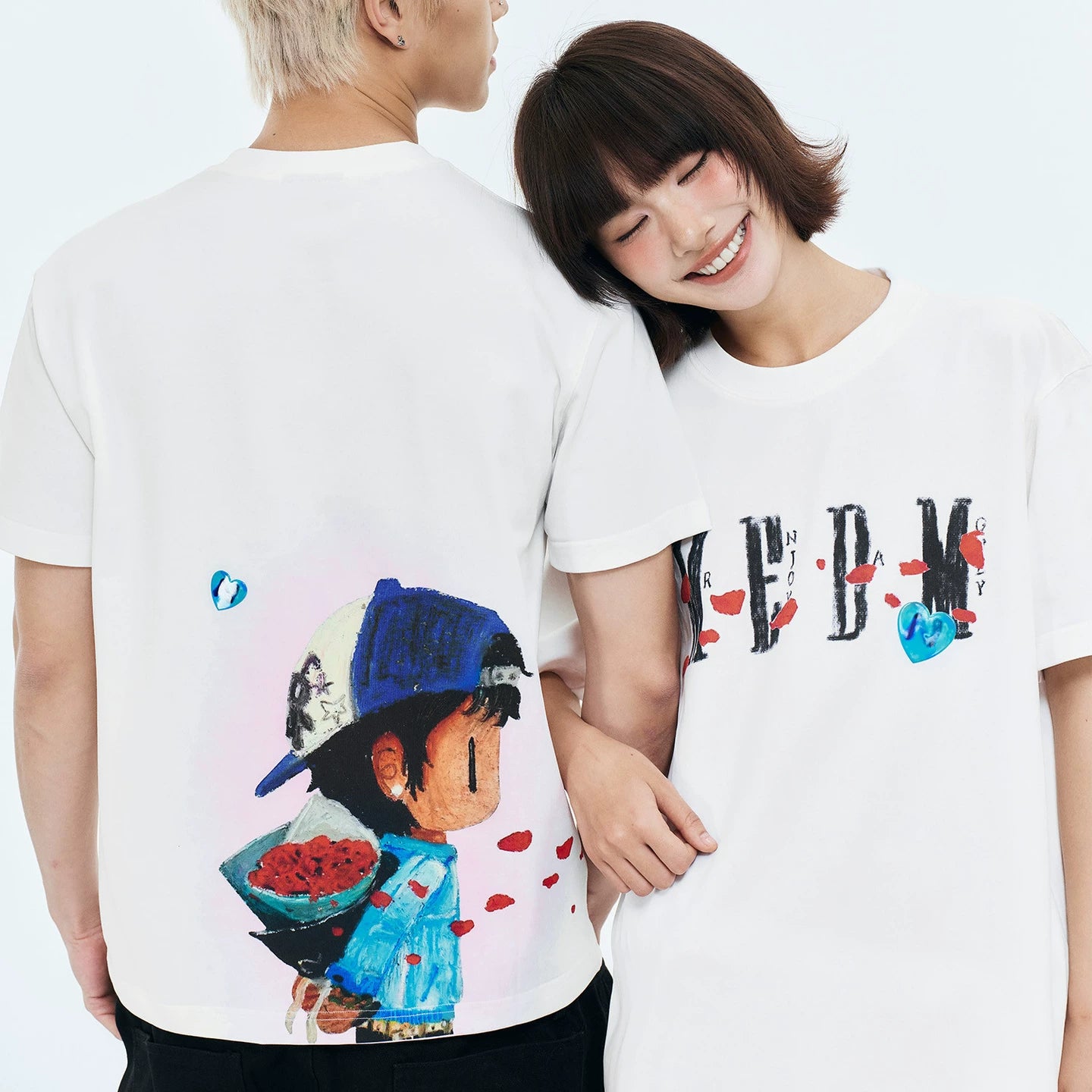 MEDMxNEWMASUS collaboration rose bouquet print casual round neck short sleeved trendy versatile couple T-shirt summer