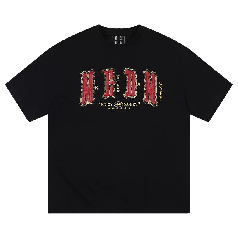 MEDM letter leather short sleeved T-shirt for men 2026 new style American retro casual five and a half sleeved shirt tee