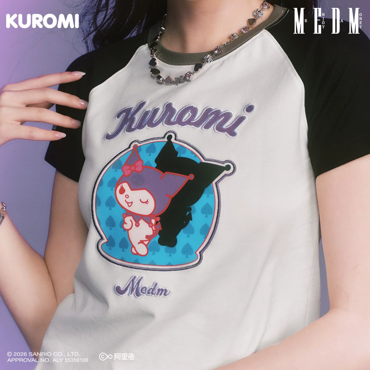 MEDM × Sanrio Family Series Color blocked Cool Lomi Pattern Printed Shoulder Short Sleeve Cute Sweet Girl T-shirt Female