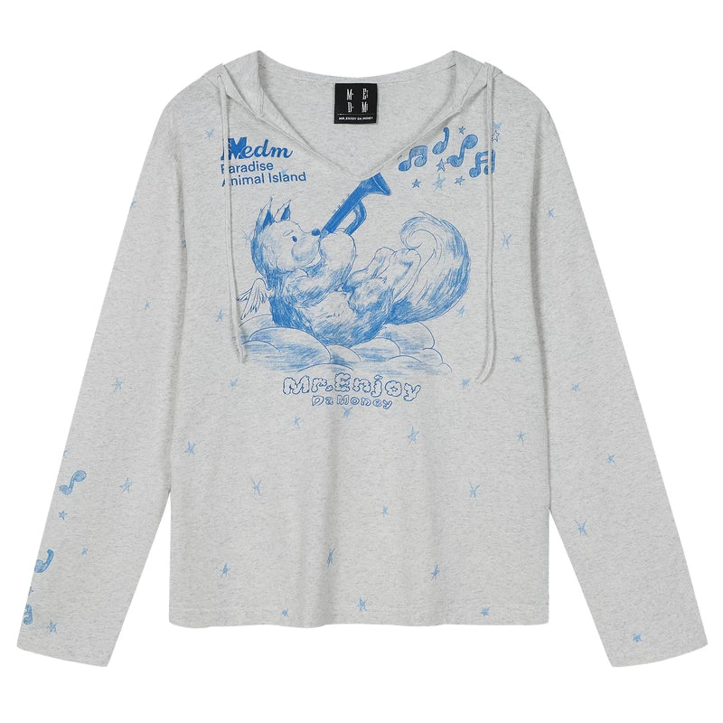 MEDM playing instrument angel dog pattern printed lightweight casual hooded T-shirt cute style top for women