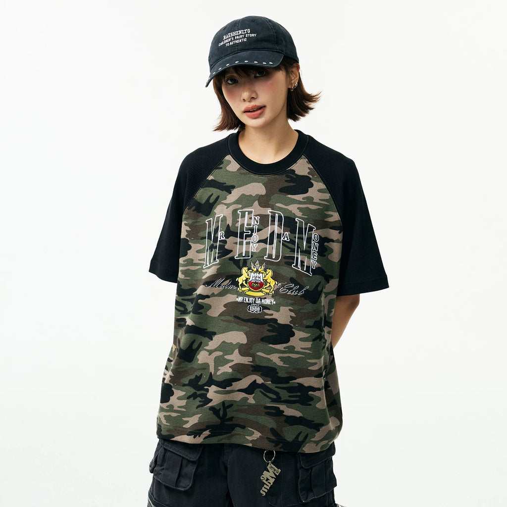 MEDM textured Waffle raglan sleeves, comfortable and breathable loose T-shirt, trendy commuting, contrasting colors, casual short sleeved summer