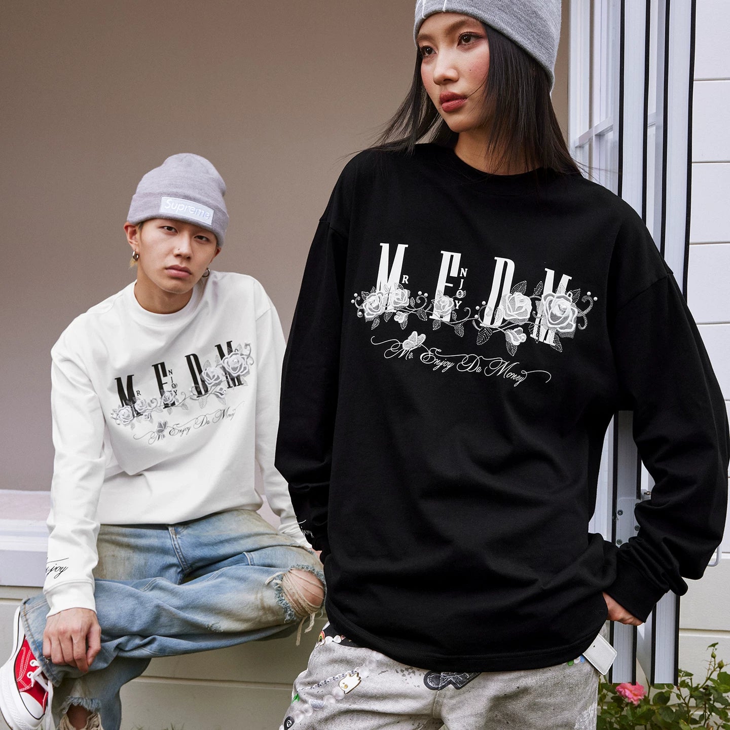 MEDM Ice Rose Embroidered Nail Bead Printed LOGO Casual Long Sleeve T-shirt Trendy Round Neck Loose Bottom Shirt Autumn