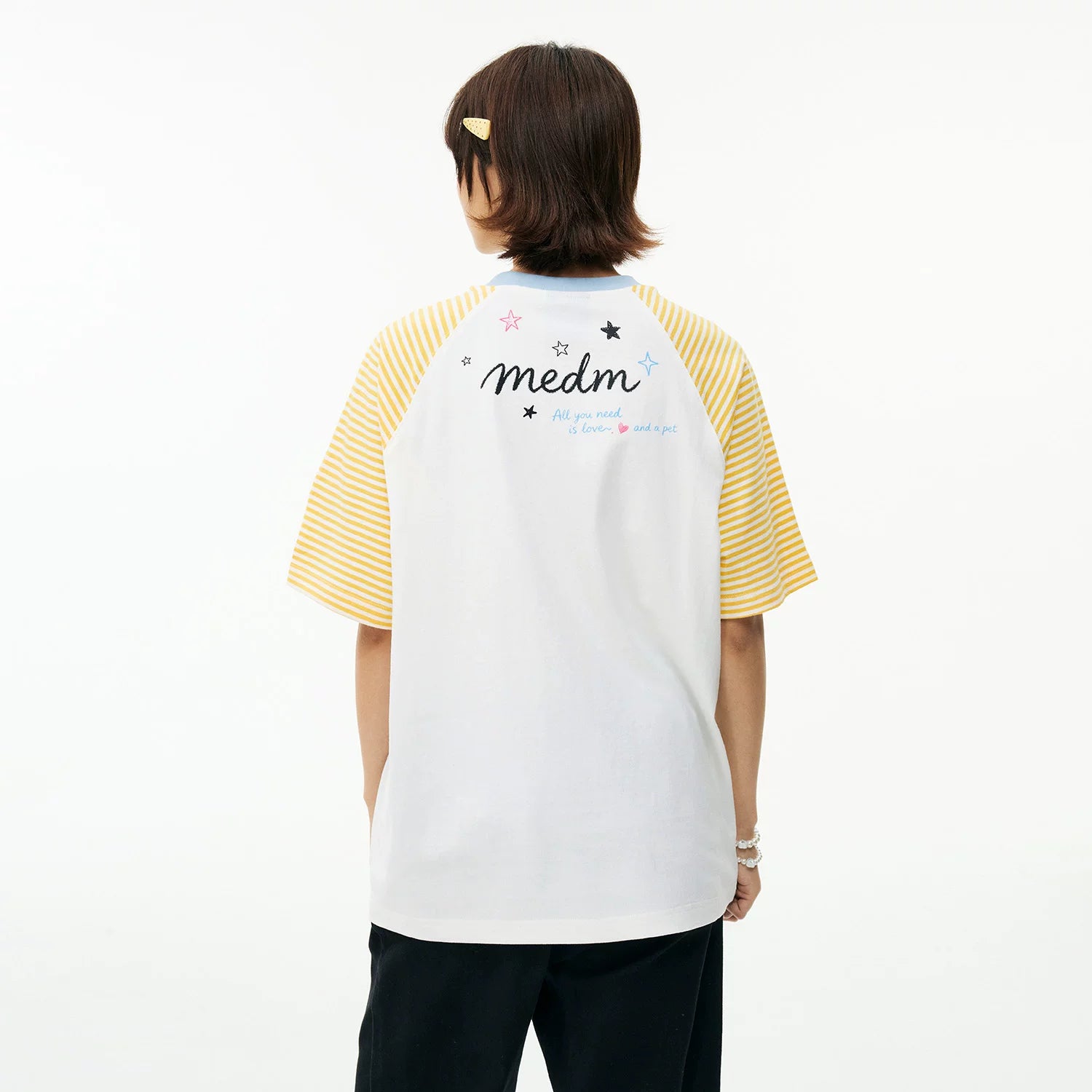 MEDM striped patchwork cute graffiti animal keychain loose round neck T-shirt retro breathable casual short sleeved summer