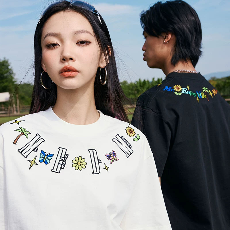 MEDM Butterfly Necklace Embroidered Top Black and White Printed Short Sleeve T-shirt Summer Unisex Versatile Loose Casual T-shirt