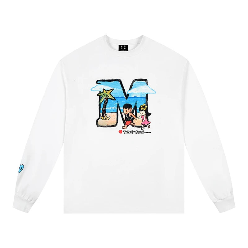 MEDM x NEWMASUS collaboration seaside coconut tree print casual round neck long sleeved T-shirt trendy couple top