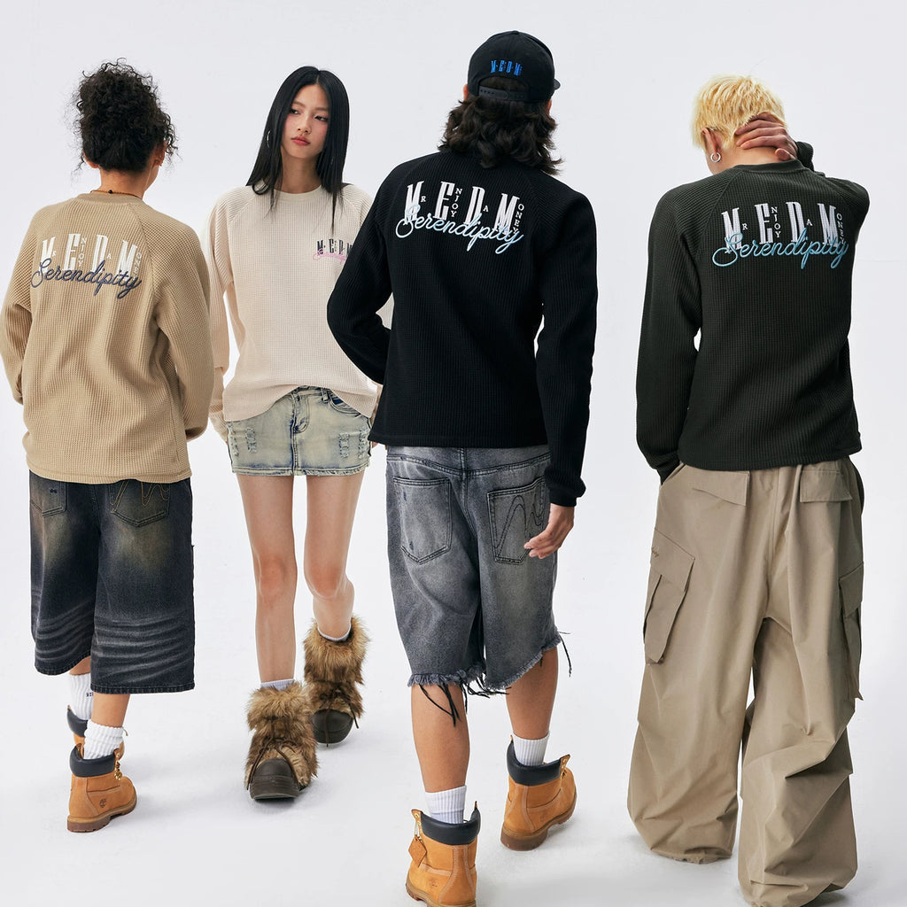 MEDM Multi Color Classic Basic waffle long sleeved T-shirt with embroidered printed letters and round neck casual base shirt for autumn