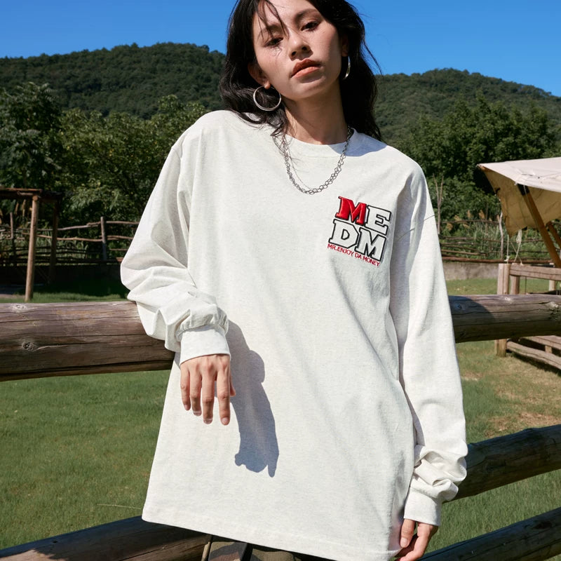MEDM Emblem Embroidered Alphabet Basic Long Sleeve T-shirt Spring and Autumn Round Neck Loose Spring and Autumn Versatile Couple Trendy Tee