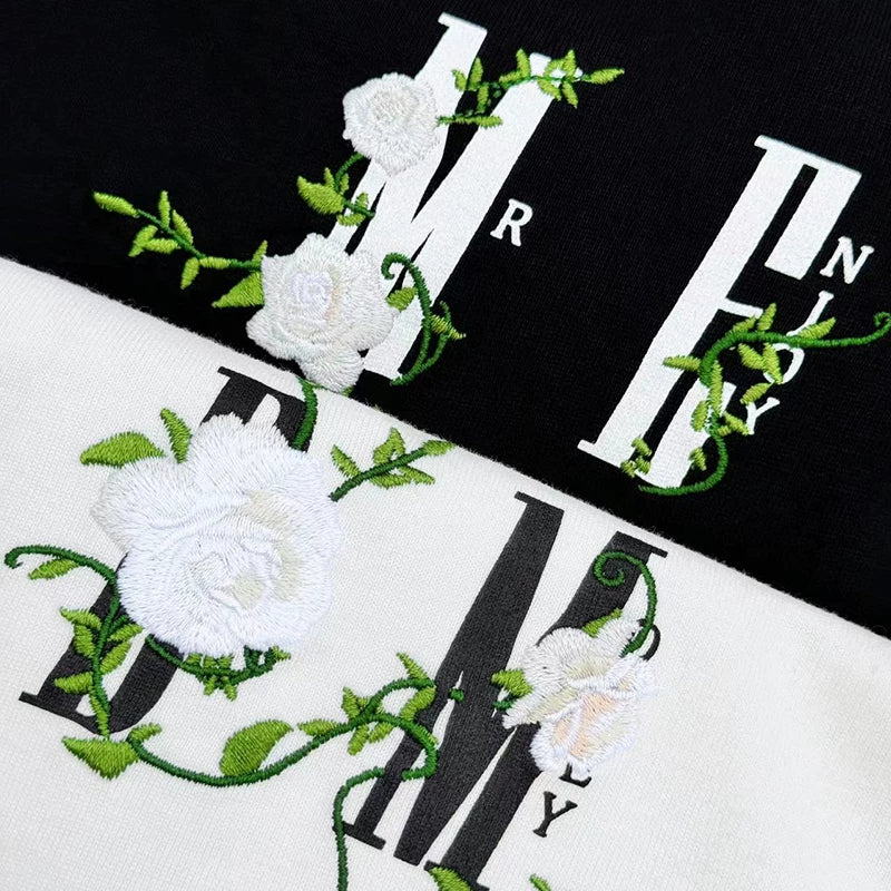 MEDM 3D Embroidered Camellia Short sleeved T-shirt Men's Summer Loose Couple Top Round Neck Half Sleeve Trendy Casual