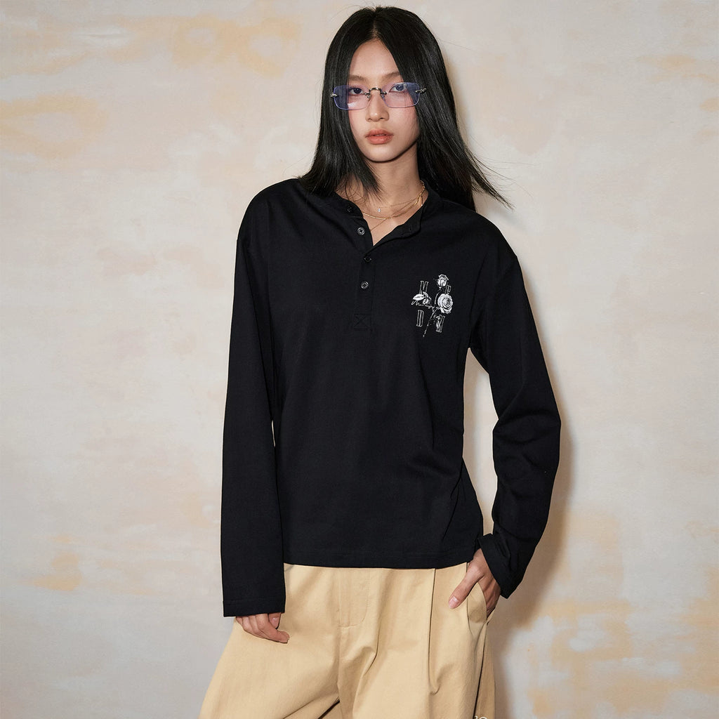 MEDM black and white rose distressed lightweight Henry collar long sleeved T-shirt American casual couple jacket Spring and Autumn