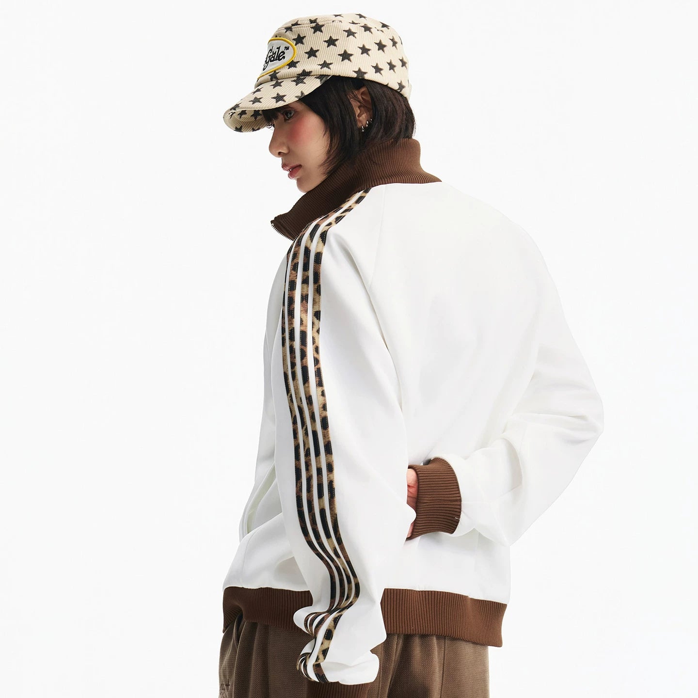 MEDM leopard print ribbon splicing sports and leisure jacket with embroidered logo for men and women, loose stand up collar jacket for spring