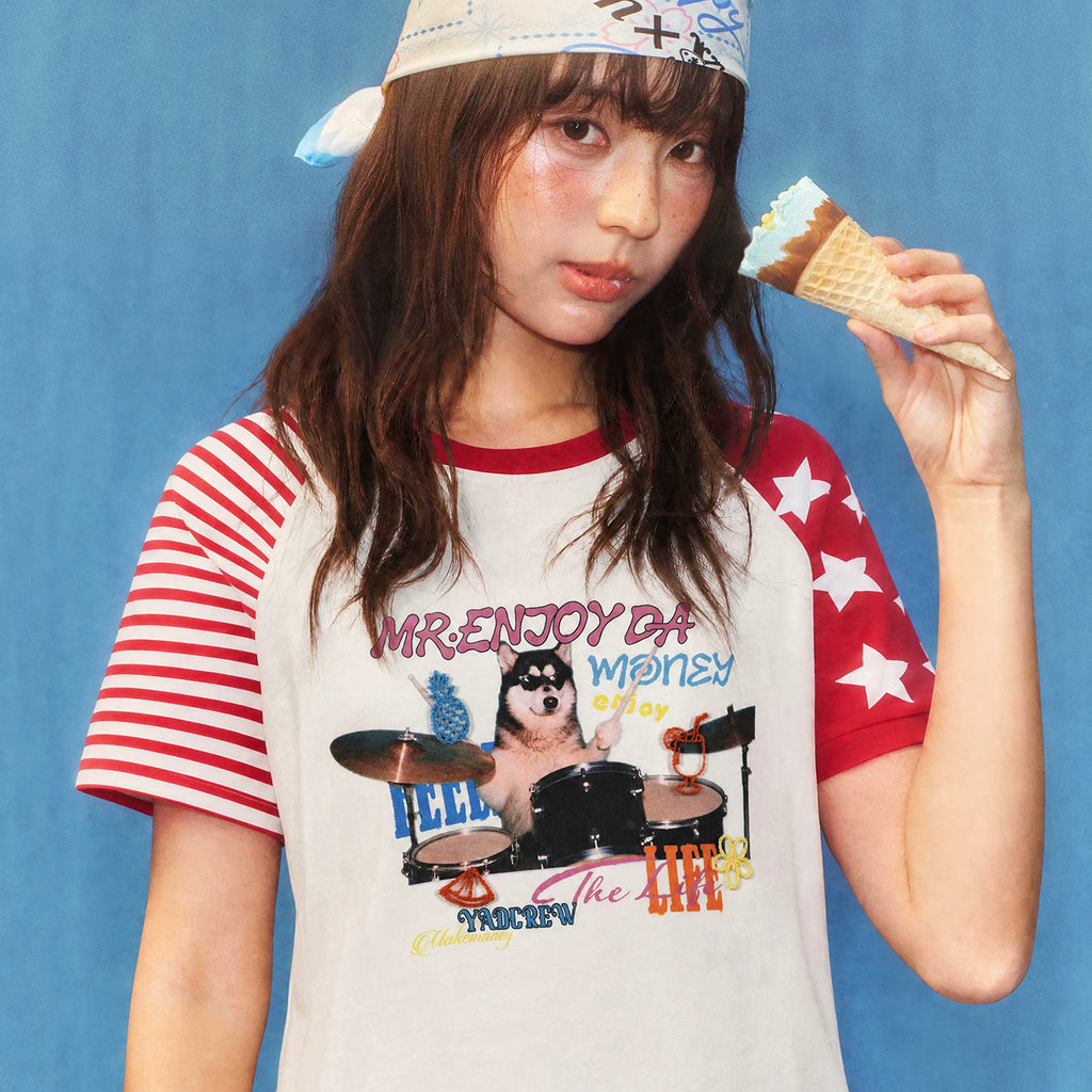 MEDMxYAD co branded cat and dog battle print pattern shoulder T-shirt cute letters three-dimensional loose short sleeved women