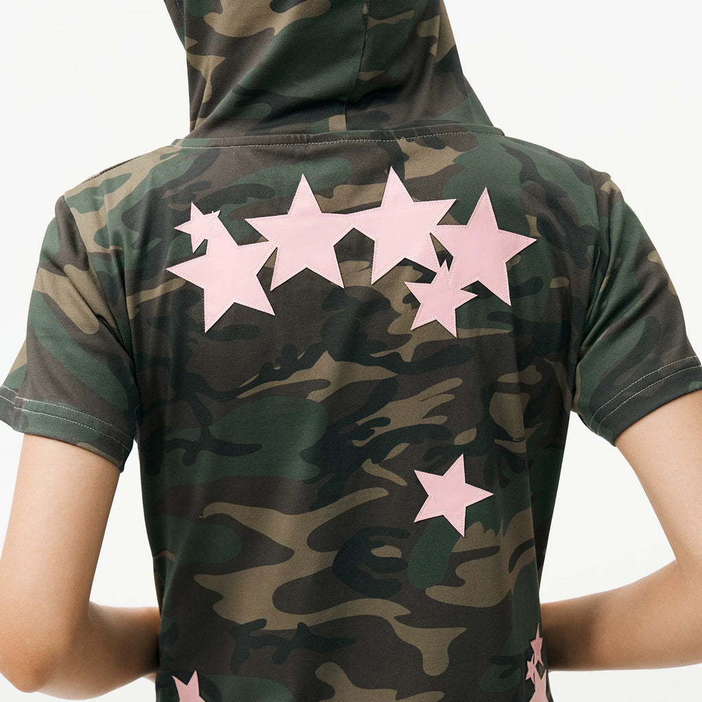 MEDM camouflage star sticker casual short sleeved hoodie cute style zipper slim fit cardigan hooded T-shirt for women