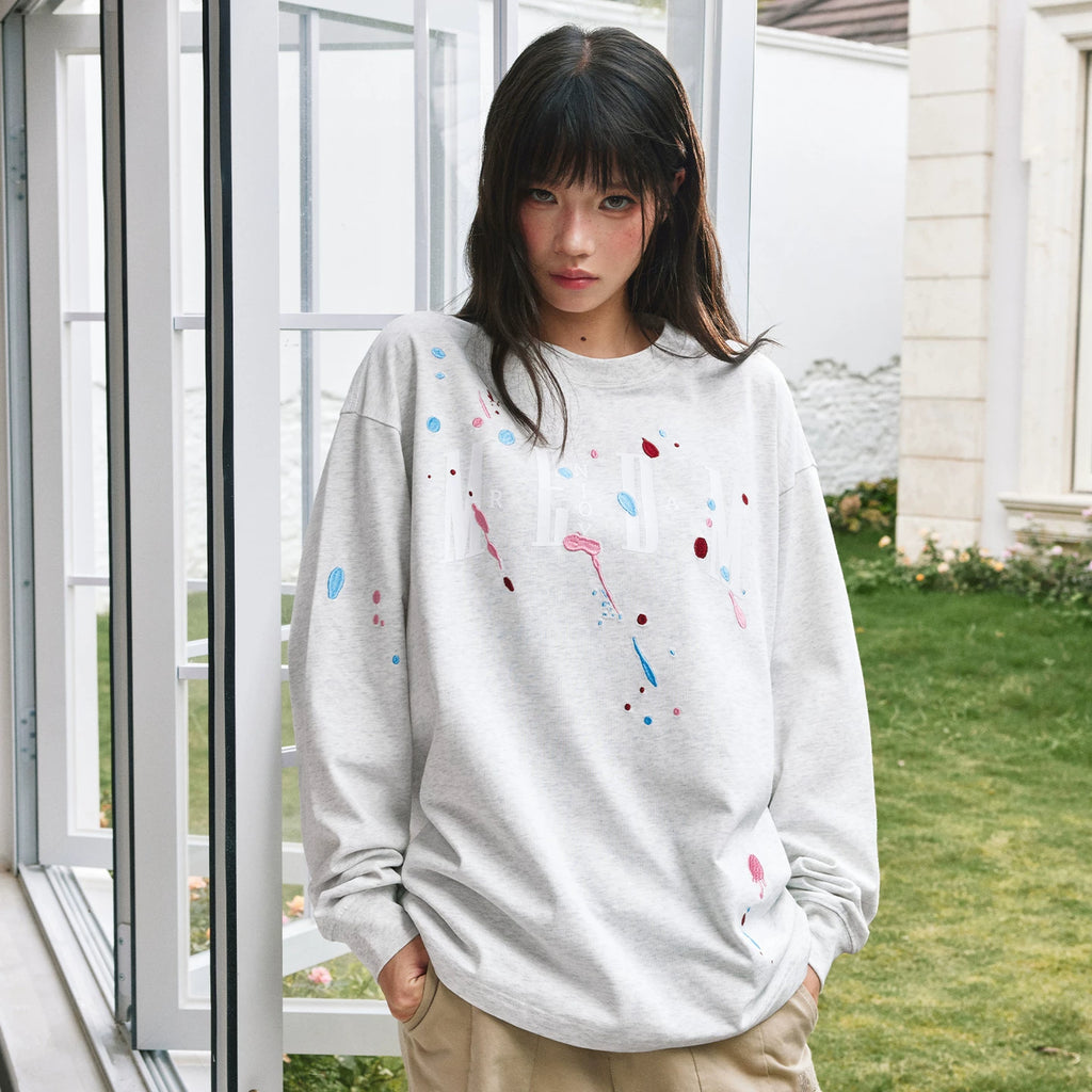 MEDM paint splatter embroidery print casual round neck long sleeved T-shirt American versatile breathable comfortable couple top