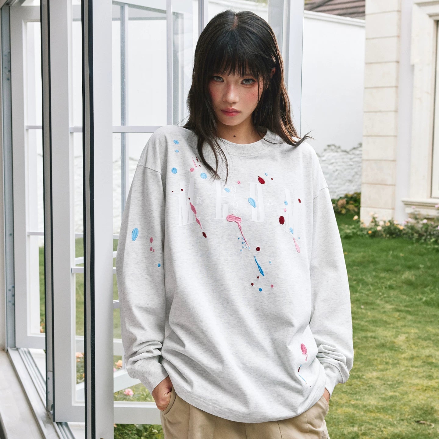 MEDM paint splatter embroidery print casual round neck long sleeved T-shirt American versatile breathable comfortable couple top