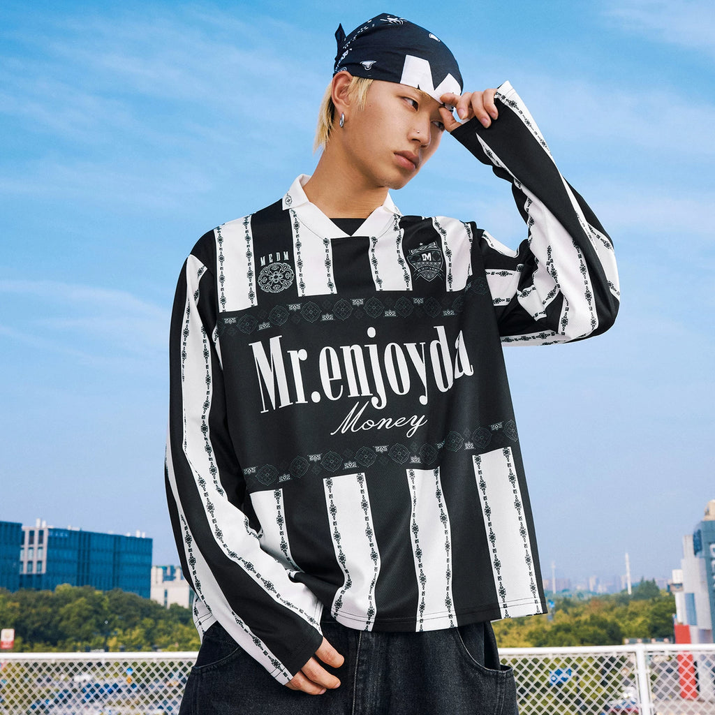 MEDM contrasting striped patchwork casual jersey long sleeved T-shirt American commuter couple loose collar top for spring and autumn