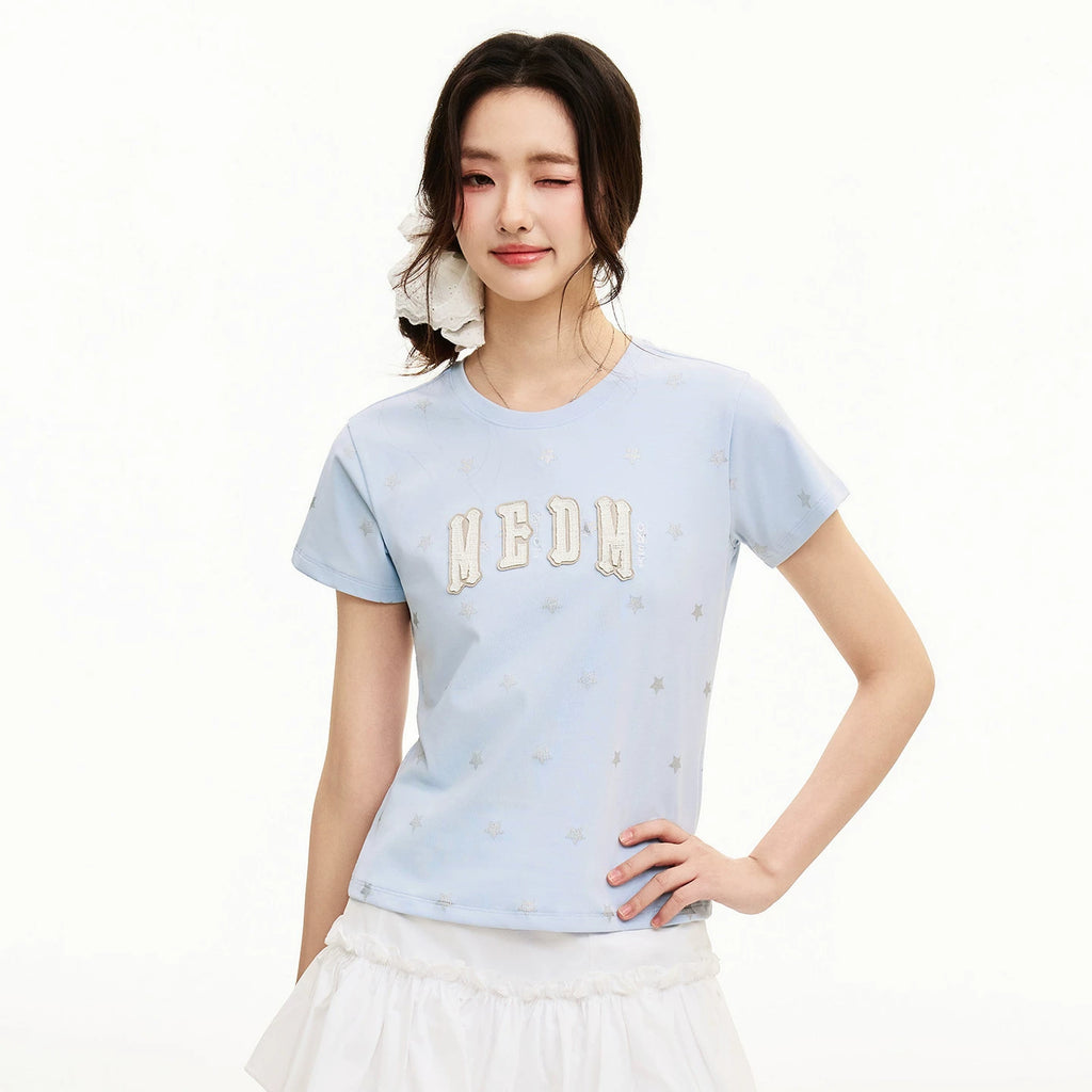 MEDM Little Fragrant Style Double layered Leather Shining Powder Full Star Printed Round Neck Short Sleeve American Retro Spicy Girl Style T-shirt Summer