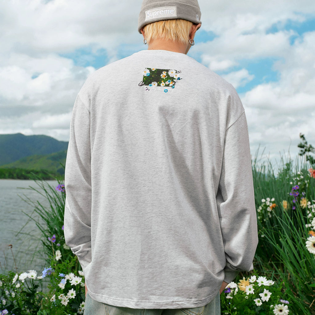 MEDM flower bed daisy butterfly print casual round neck long sleeved T-shirt trendy loose couple base shirt top autumn