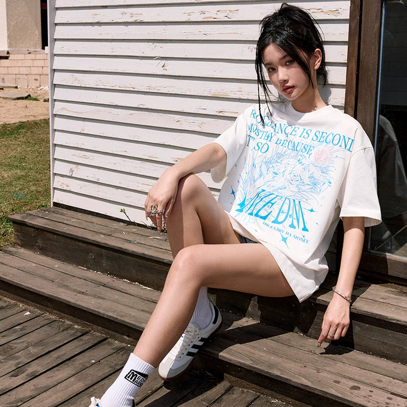Zhang Guiyuan's same MEDM crystal rose short sleeved T-shirt for men and women, summer trend loose couple T-shirt