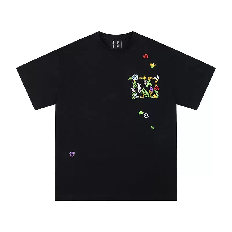 MEDM Embroidered Flower Short Sleeve T-shirt for Men's Summer Trendy Brand Ins American Leisure High Street Versatile Couple Half Sleeve T-shirt