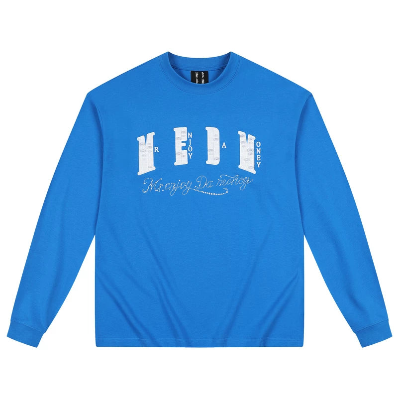 MEDM multi-color small fragrance patch fabric pearl round neck loose long sleeved T-shirt trendy street versatile casual couple top