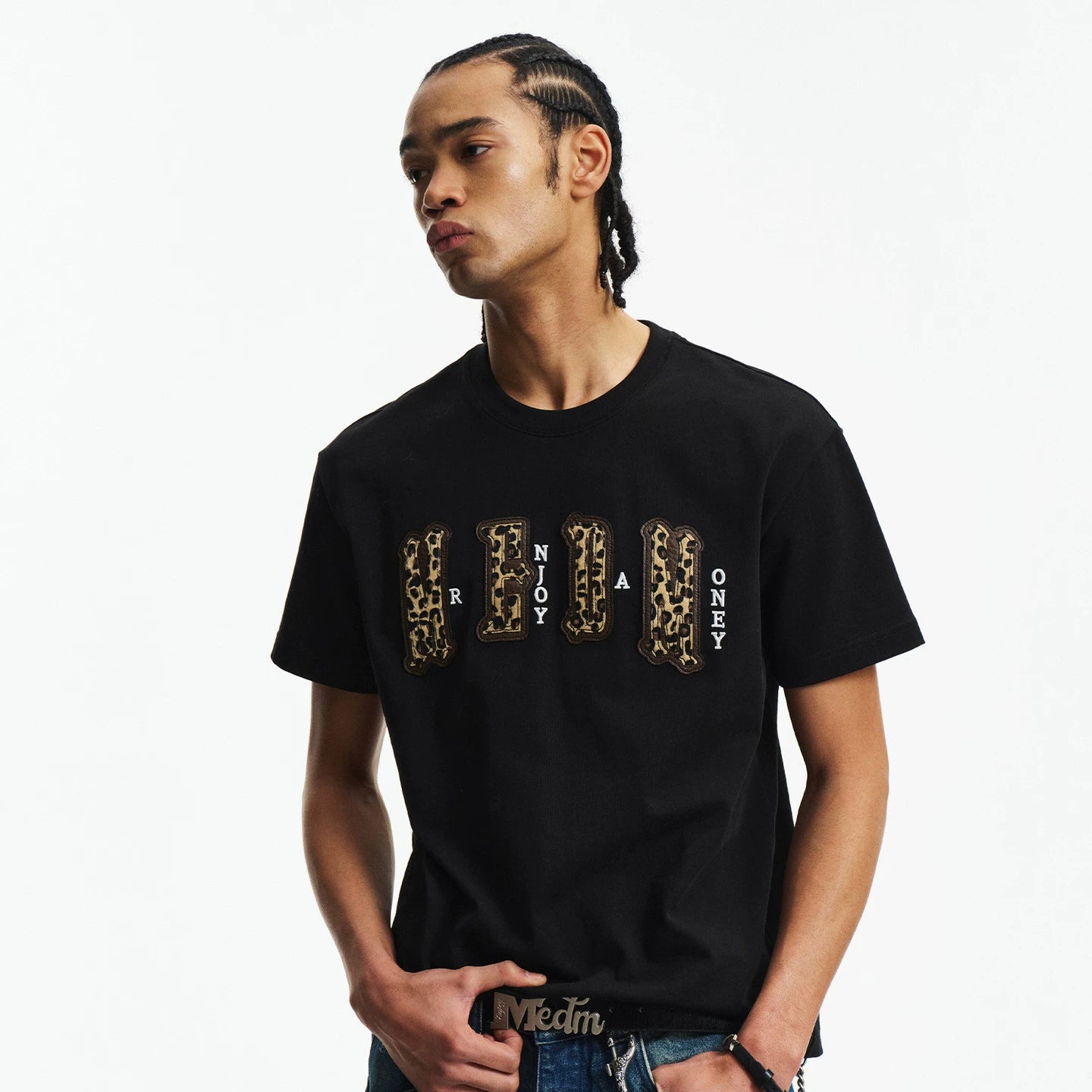 MEDM double-layer leather leopard print patch logo, four character casual round neck short sleeved shirt on the chest, summer new loose couple T-shirt