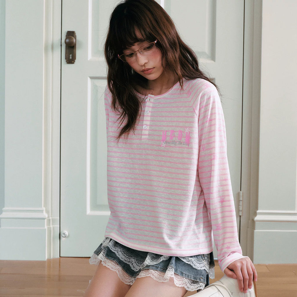 MEDM fine striped star raglan sleeves Henley shirt loose long sleeved T-shirt women's trendy soft girl style casual top