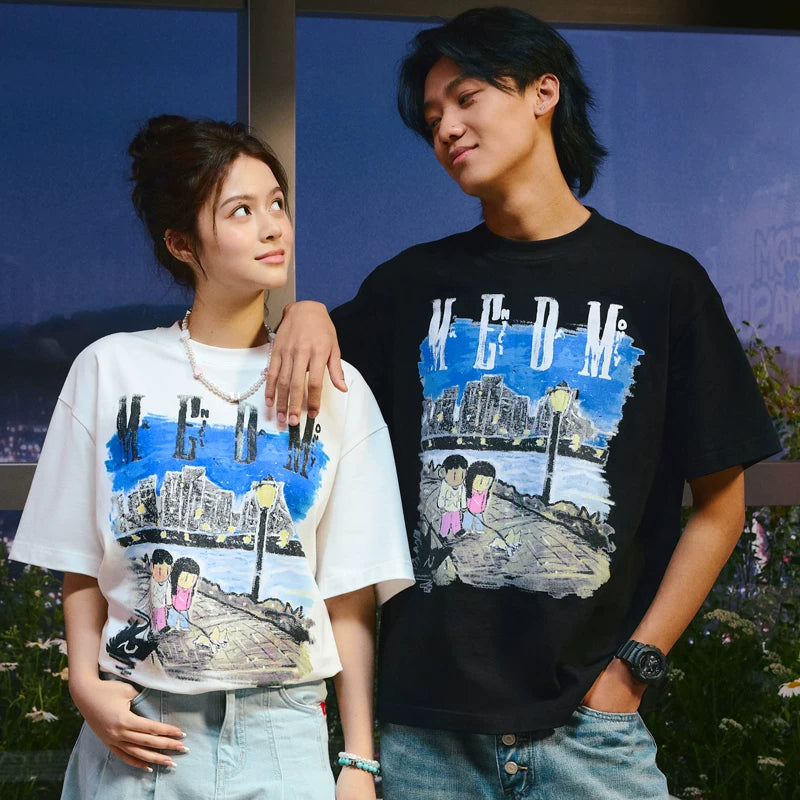 MEDMxNewsus collaboration night stroll short sleeved T-shirt for men and women, American high street round neck loose couple T-shirt