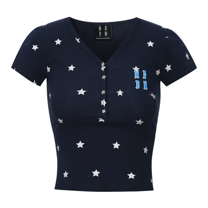 MEDM Star Flash V-neck Henley collar full printed star casual short sleeved letter 3D printed slimming short T-shirt