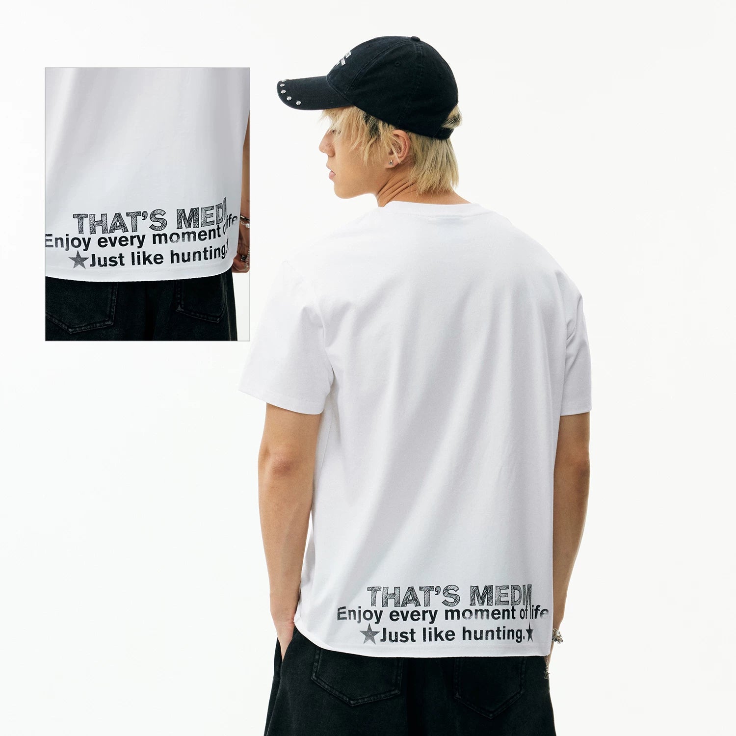 MEDM vintage font printed hem with torn casual short sleeves, American street retro versatile couple T-shirt for summer