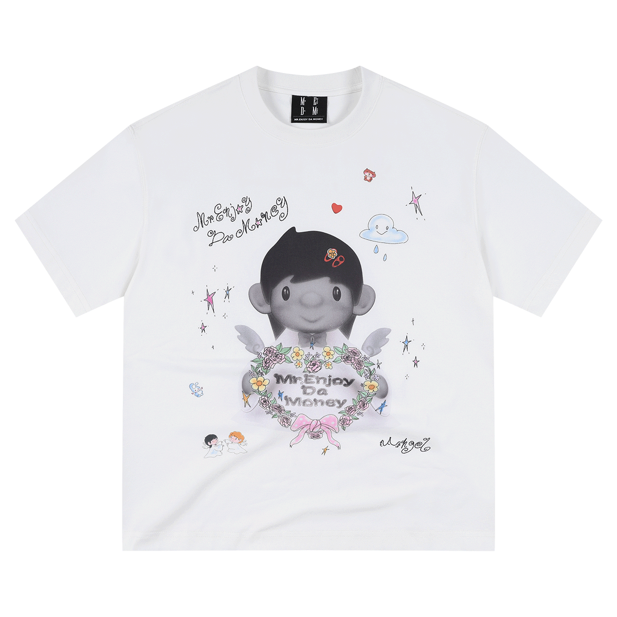 MEDM 3D Little Angel Hand drawn Pattern Printed Stickers Casual Loose Short Sleeve American Retro Round Neck Couple T-shirt