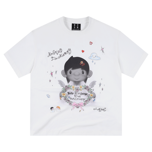 MEDM 3D Little Angel Hand drawn Pattern Printed Stickers Casual Loose Short Sleeve American Retro Round Neck Couple T-shirt