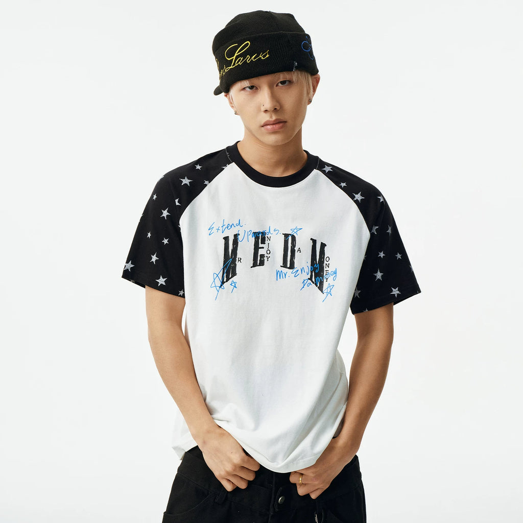 MEDM Handwritten Graffiti Printed Stars Full Print Casual Off Shoulder Short Sleeve Men's and Women's Loose Round Neck T-shirt Summer