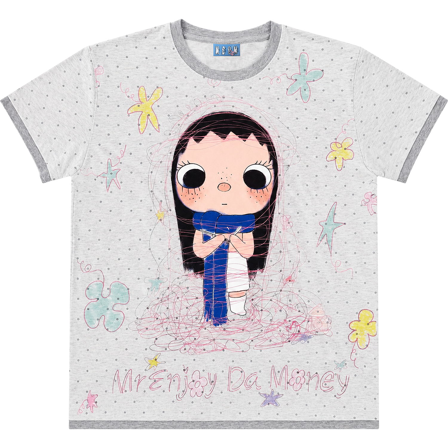MEDM × YUY Jade Collaboration - Knitted cuffs, collar, contrasting color splicing, casual round neck short sleeved cute style T-shirt for women