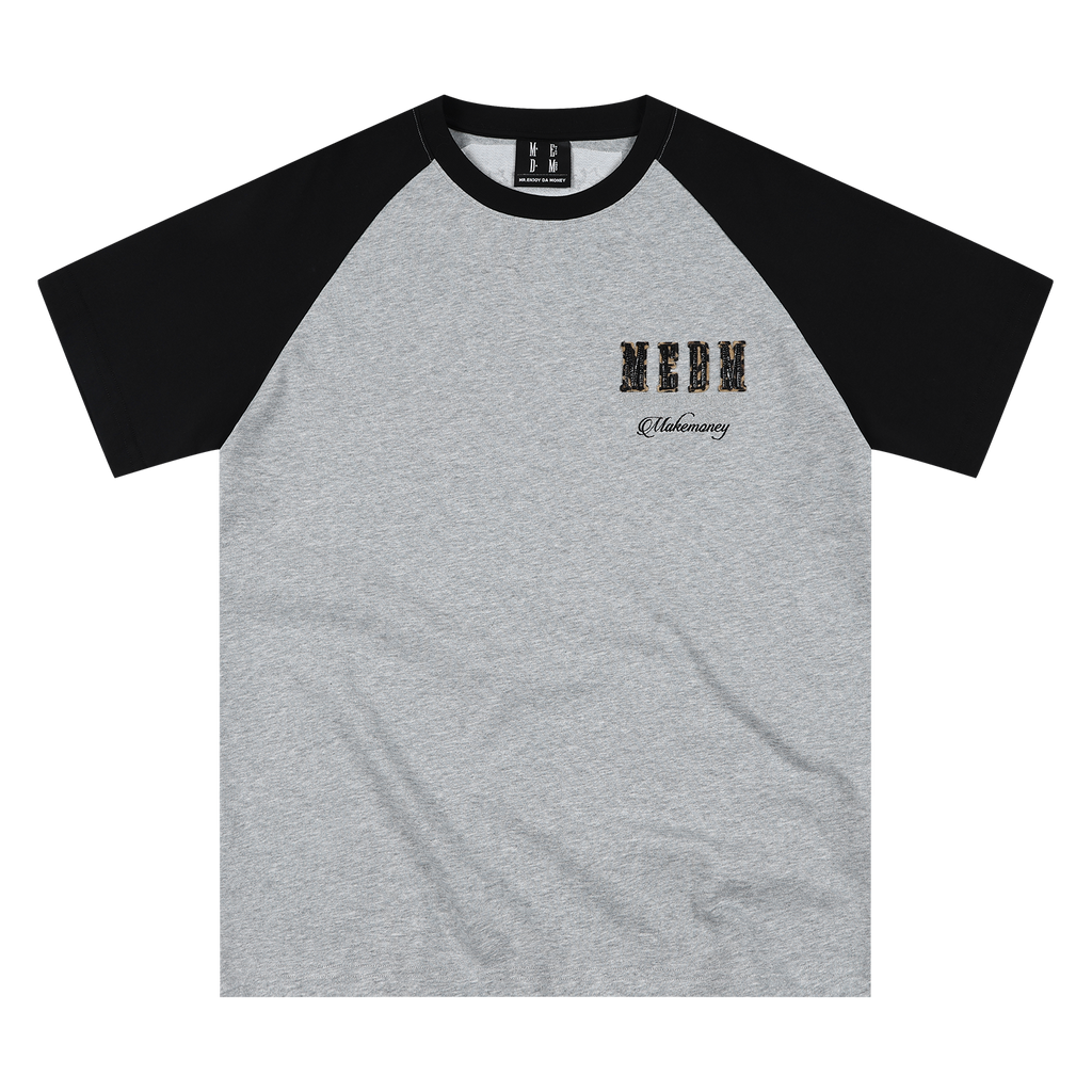 MEDM 冚 Car line raglan sleeves leopard print leather casual short sleeves American retro contrasting shoulder loose men's and women's T-shirts